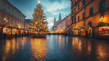 A cozy evening in Krakow's Main Market Square, with a large Christmas tree glowing beside the Cloth Hall, creating a magical holiday atmosphere.の素材