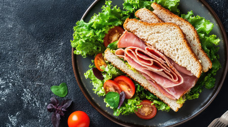 A delectable ham sandwich with fresh salad and tomatoes, artfully placed on a plate. Shot from above, this image captures the essence of a classic, wholesome meal.の素材