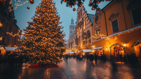 A festive Christmas tree standing tall in front of Krakow's Cloth Hall on the Main Market Square, with twinkling lights and holiday decorations creating a magical holiday scene.の素材