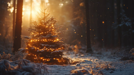 A festive fir tree decorated with garland lights, standing in a peaceful winter forest bathed in warm sunlight.の素材