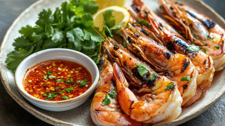 A delicious plate of Thai grilled shrimp with a rich orange color, arranged with fresh herbs and a spicy dipping sauce, capturing the essence of Thai seafood cuisineの素材