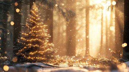 A festive scene of a Christmas fir tree in a sunlit winter forest, adorned with sparkling garland lights.の素材