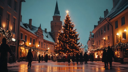 A festive night in Tallinn's Town Hall Square at Christmas, with the square aglow with holiday lights, a towering Christmas tree, and snow-covered streets.の素材