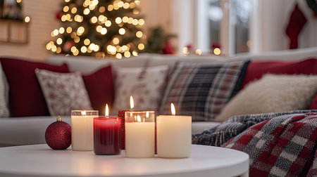 A festive Christmas scene with burning candles on a white table, soft plaid blankets, and pillows on the sofa behind. A cozy, inviting holiday home.の素材