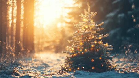 A festive Christmas fir tree in a winter forest, with sunlight filtering through the trees and garland lights adding a holiday glow.の素材