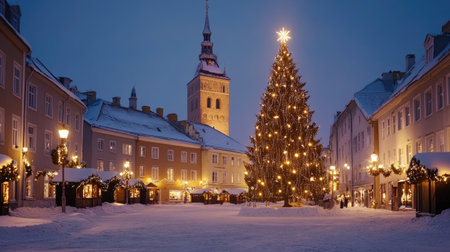 A festive night in Tallinn's Town Hall Square at Christmas, with the square aglow with holiday lights, a towering Christmas tree, and snow-covered streets.の素材