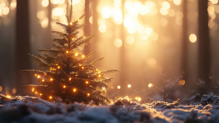 A festive fir tree decorated with garland lights, standing in a peaceful winter forest bathed in warm sunlight.の素材