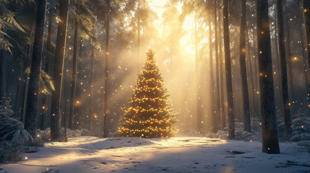 A festive winter forest scene with a Christmas fir tree, garland lights twinkling as sunlight filters through the trees.の素材