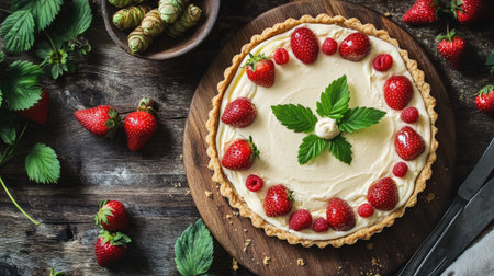 A delicious tart featuring hop cream and fresh strawberries on a wooden board, with ingredients like hops and strawberries scattered around for a rustic feel.の素材