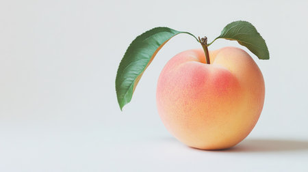 A fresh Japanese peach with subtle blush hues, set against a plain white background. Copy space available for text.の素材