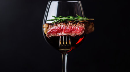 A fork holding a grilled rib-eye steak, garnished with rosemary, with a glass of red wine. The black background creates a striking, gourmet scene.の素材