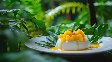 A delicious serving of mango yogurt on a white plate, placed on a table with vibrant green plants nearby.の素材