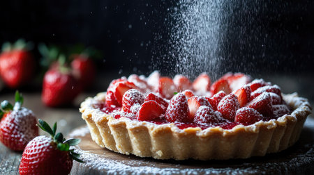 A fresh strawberry tart with hop cream being dusted with powdered sugar, captured in mid-action, on a dark wooden table.の素材