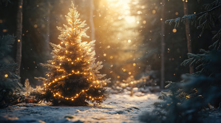 A festive scene of a Christmas fir tree in a sunlit winter forest, adorned with sparkling garland lights.の素材