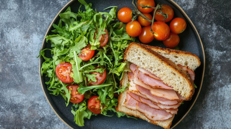 A fresh ham sandwich with crisp salad and ripe tomatoes, served on a plate. Captured from above, this appetizing meal is ready to enjoy.の素材