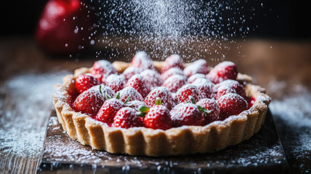 A fresh strawberry tart with hop cream being dusted with powdered sugar, captured in mid-action, on a dark wooden table.の素材