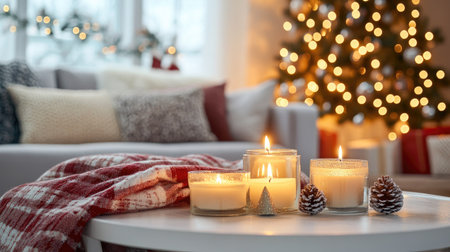 A festive Christmas scene with burning candles on a white table, soft plaid blankets, and pillows on the sofa behind. A cozy, inviting holiday home.の素材