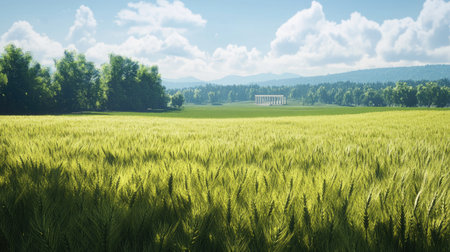 A field of young, green wheat stretching towards the tribune in the background. The scene captures the calmness of nature and the promise of a good harvest.の素材