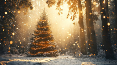 A festive winter forest scene with a Christmas fir tree, garland lights twinkling as sunlight filters through the trees.の素材