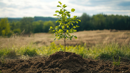 A freshly planted tree in a field, with the soil mounded around its base, representing the start of a new life.の素材