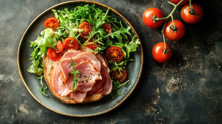 A fresh ham sandwich with crisp salad and ripe tomatoes, served on a plate. Captured from above, this appetizing meal is ready to enjoy.の素材
