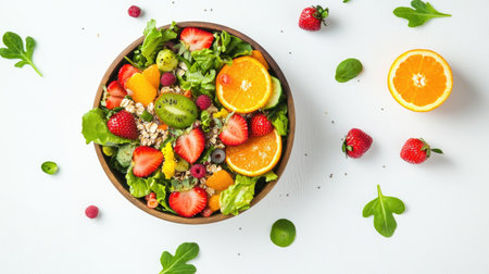 A fresh and healthy meal with muesli, mixed vegetable salad, and colorful fruits like strawberries and oranges, captured from above on a white background.の素材