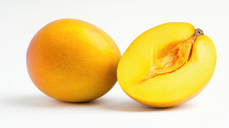 A fresh, ripe yellow mango with a neatly cut half, showing the juicy inside on a clean white background.の素材