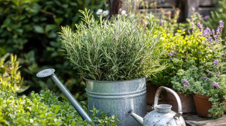 A healthy rosemary bush growing alongside other herbs in a rustic garden, with a watering can placed nearby, emphasizing its natural beauty.の素材