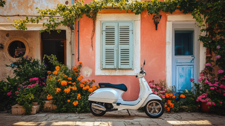 A fun white scooter parked in front of a colorful Croatian building, surrounded by vibrant flowers and greenery in Brela.の素材