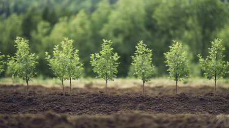 A row of young trees planted in soil, with each tree representing a step toward reforestation in nature.の素材