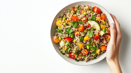 A hand holding a bowl of colorful quinoa salad with fresh organic vegetables, captured from above on a clean white background, perfect for a healthy vegan meal.の素材
