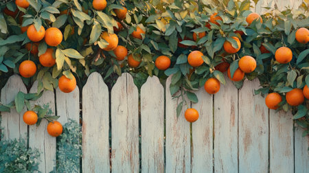 A garden fence decorated with branches of a fruit-laden orange tree. The vibrant oranges and green leaves create a picturesque outdoor scene.の素材