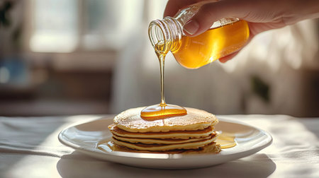 A hand gracefully pouring honey over pancakes on a white plate, with the white table and soft background creating a minimalist and appetizing sceneの素材