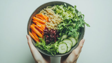 A hand holding a bowl of healthy quinoa salad with organic greens and vegetables, shot from above on a white background, perfect for promoting a plant-based diet.の素材