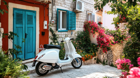 A fun white scooter parked in front of a colorful Croatian building, surrounded by vibrant flowers and greenery in Brela.の素材