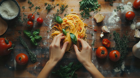 A hands-on shot of someone serving spaghetti with tomato and basil, with fresh herbs and ingredients scattered on the table.の素材