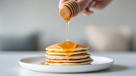A hand gracefully pouring honey over pancakes on a white plate, with the white table and soft background creating a minimalist and appetizing sceneの素材