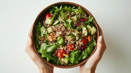 A hand holding a bowl of healthy quinoa salad with organic greens and vegetables, shot from above on a white background, perfect for promoting a plant-based diet.の素材
