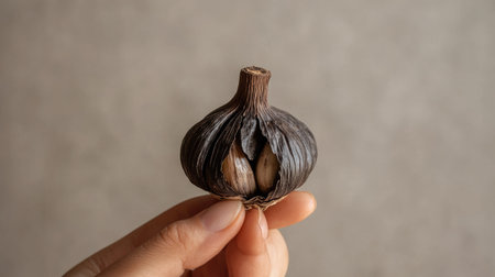 A hand holding a clove of black garlic against a neutral background, showing its soft, chewy texture and highlighting its health benefits.の素材