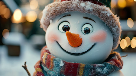 A happy snowman with a bright carrot nose, coal eyes, and a cheerful smile, sporting a festive hat and scarf.の素材