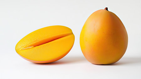 A half-cut yellow mango beside a whole mango, isolated on a white background, emphasizing the bright orange flesh.の素材
