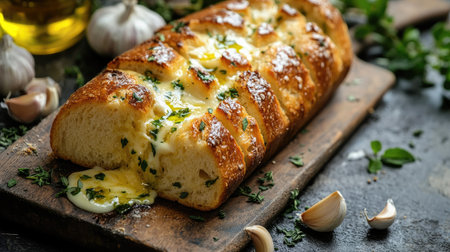 A garlic bread loaf, sliced and ready to serve, with melted butter and garlic oozing out, surrounded by fresh herbs and olive oil.の素材