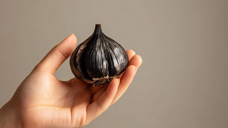 A hand holding a clove of black garlic against a neutral background, showing its soft, chewy texture and highlighting its health benefits.の素材