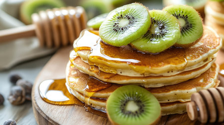 A healthy breakfast of golden pancakes drizzled with honey and topped with kiwi, arranged on a wooden board, highlighting the rich colors and texturesの素材