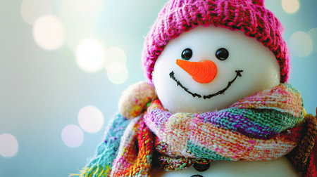 A happy snowman with a carrot nose, coal eyes, and a beaming smile, bundled up in a colorful scarf and hat.の素材