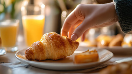 A hand reaching for a delicious, flaky croissant on a breakfast table, with a soft focus on the background, emphasizing the moment.の素材