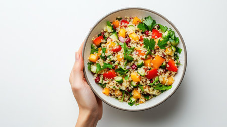 A hand holding a bowl of colorful quinoa salad with fresh organic vegetables, captured from above on a clean white background, perfect for a healthy vegan meal.の素材