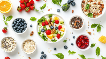 A healthy spread of mixed vegetable salad, muesli, and fresh fruits, captured from above on a white background, highlighting the freshness and color of the ingredients.の素材
