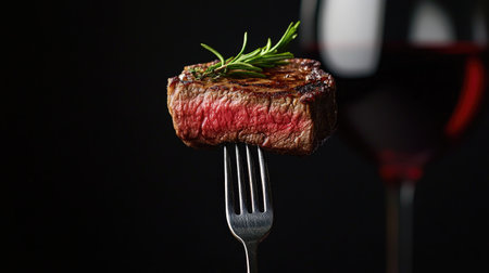 A grilled rib-eye steak perched on a fork, garnished with rosemary, with red wine in the background. The black backdrop emphasizes the rich textures and colors.の素材