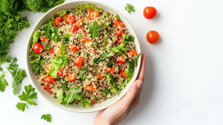 A hand presenting a bowl of quinoa salad with fresh greens, carrots, and tomatoes, with a clean white background emphasizing the vibrant colors of the ingredients.の素材